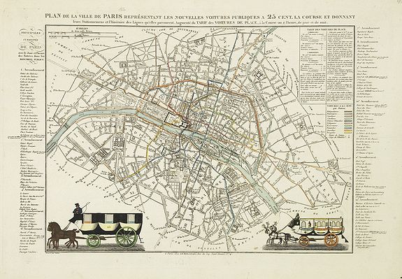 ACHIN, Plan de la ville de Paris representant les nouvelles voitures publiques . . ., antique map, old maps