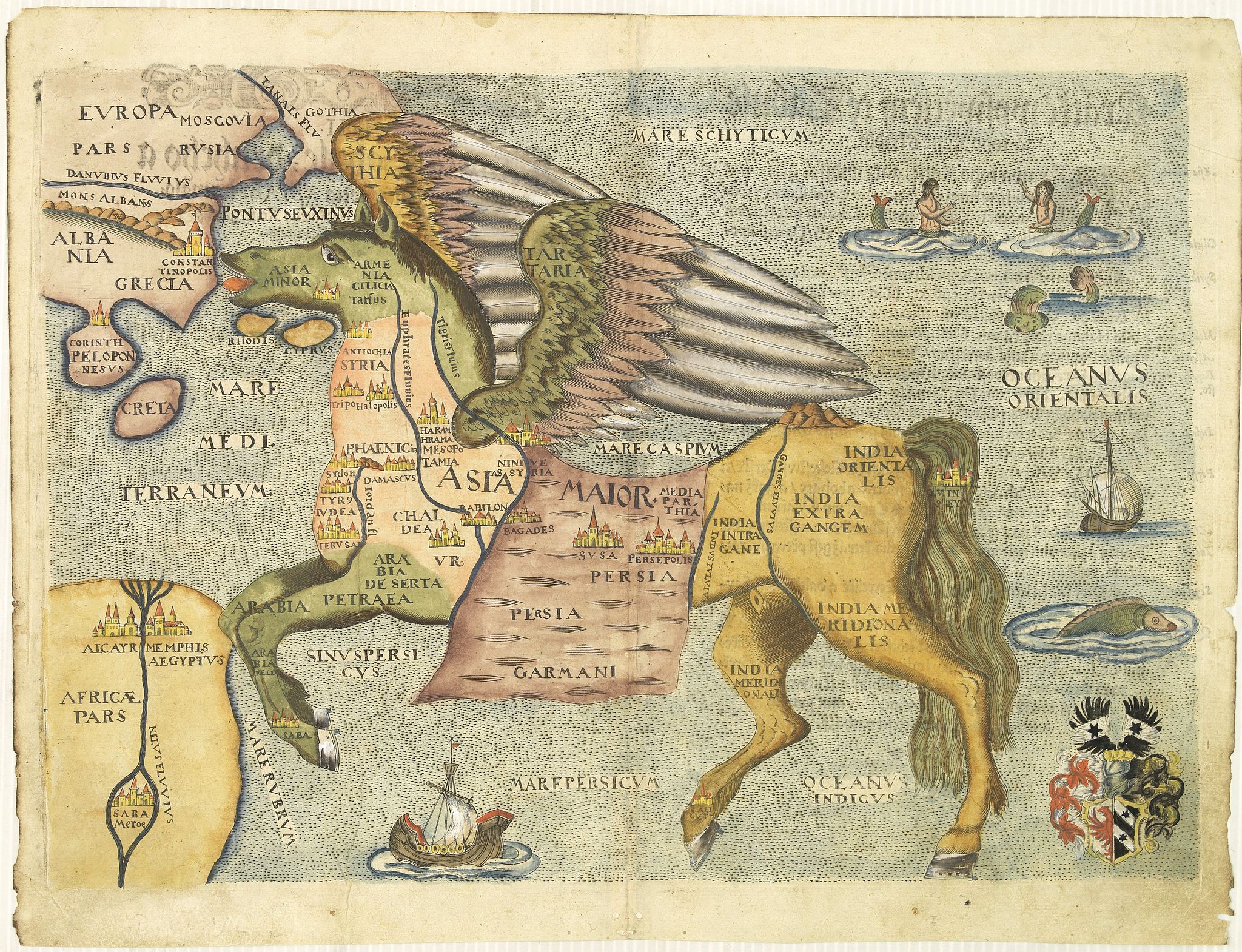 BÜNTING, H., Asia is presented as the mythical winged horse Pegasus., antique map, old maps