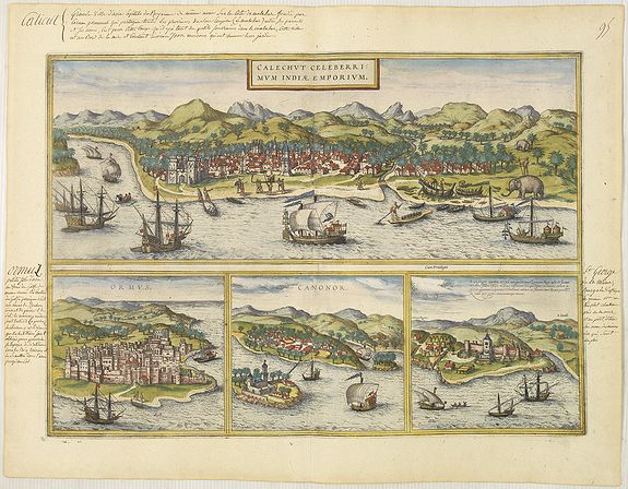 BRAUN, G. / HOGENBERG, F., Calechut Celeberri mum Indiae Emporium/ Ormus/ Canonor, St.Georgii., antique map, old maps