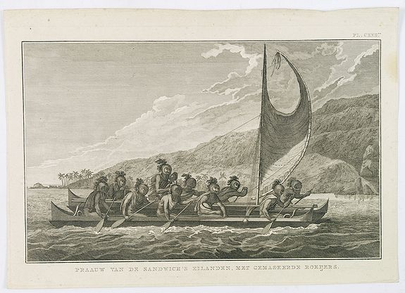 COOK, Captain James., Praauw van de Sandwich's eilanden, met gemaskerde roeijers., antique map, old maps