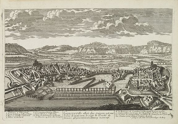 AVELINE, P.A., Geneville alliée des suisses est sur le Lac de même nom, le siège de l'Eveche de Genève. . ., antique map, old maps