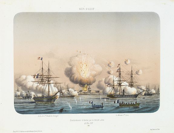 LEMERCIER / LEBRETON, MER D'AZOF. Bombardement d'arabat par la flotille alliée 25 Mai 1855., antique map, old maps