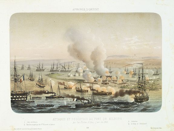 LEMERCIER / LEBRETON, AFFAIRES D'ORIENT Attaque et reddition du fort de Kilburn par les flottes alliées, 17 octobre 1855., antique map, old maps