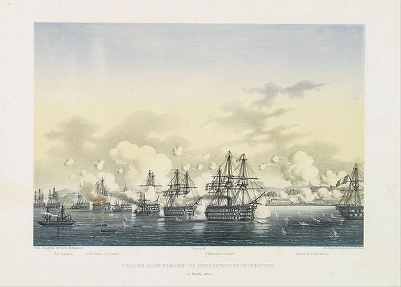 LANGLUME./ LE BRETON, L., L'escadre alliée bombarde les forts extérieurs de Sébastopol. (18 octobre 1854), antique map, old maps