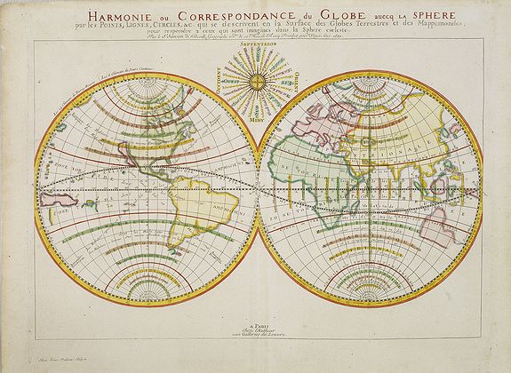 SANSON, N., Harmonie ou Correspondance du Globe avecq la Sphere par les Points, Lignes, Cercles, &c. qui se descrivent en la surface des Globes Terrestres et des Mappemondes, pour respondre a ceux qui sont imaginés dans la Sphere Celeste., antique map, old maps