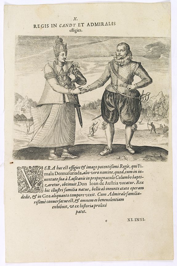 DE BRY, Th., Regis in candt et Admiralis effigies. (The king of Candy meets the Dutch Admiral), antique map, old maps