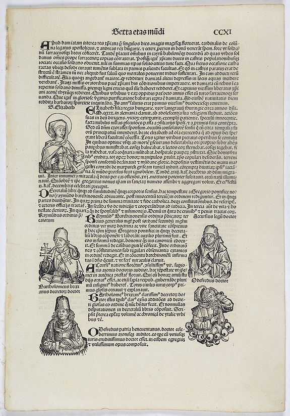 SCHEDEL, H., Sexta Etas Mundi. Folium. CCXI. (wit portrait of Elizabeth of Hungary)., antique map, old maps