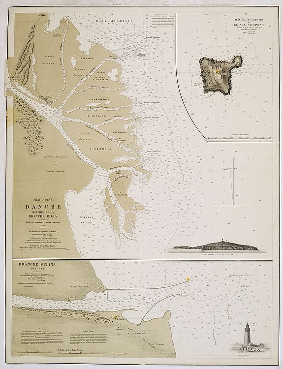 DÉPÔT GÉNÉRAL DE LA MARINE., Mer Noire. Danube Bouches de la Branche Kilia. / Branche Sulina (Danube)., antique map, old maps