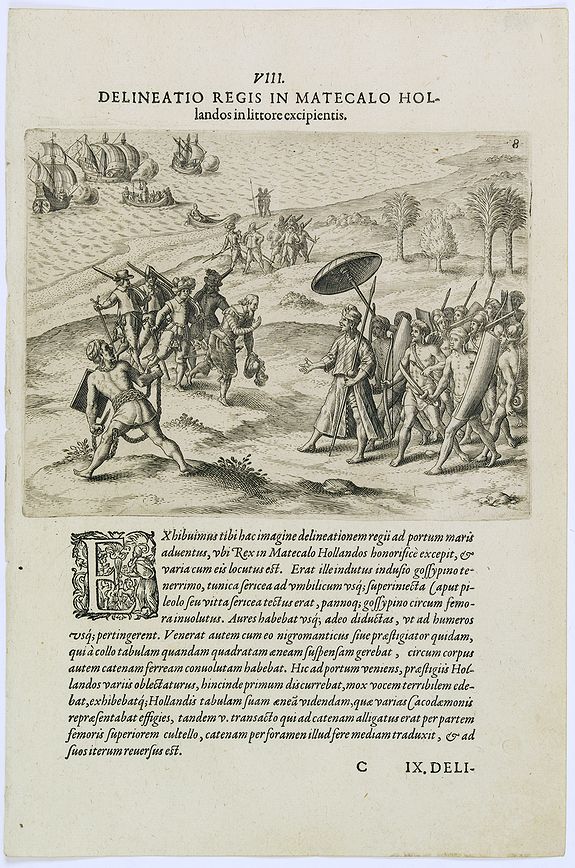 DE BRY, Th., Delineatio Regis in Matecalo Hollandos. (Arrival of Sebald de Weert in Matecalo/Batticaloa)., antique map, old maps