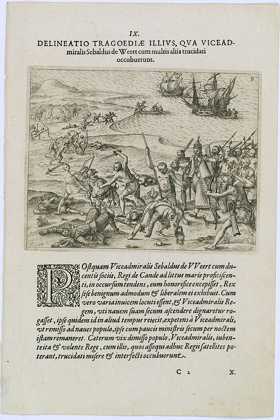 DE BRY, Th., Delineatio Tragoediae Illius, Qua Viceadmiralis Sebaldus de Weert., antique map, old maps