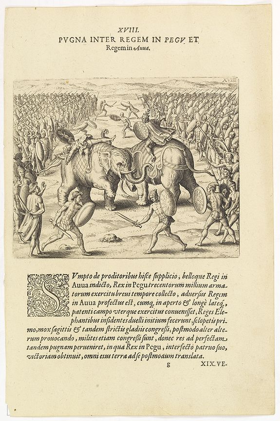 DE BRY, Th., XVIII. Pugna Inter Regem in Pegu . . . [A battle between King Pegu and King Auua), antique map, old maps