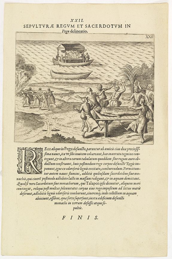 DE BRY, Th., XXII. Sepulturae Regum et Sacerdotum in Pegu delineatio. (The funerals of kings and priests in Pegu), antique map, old maps