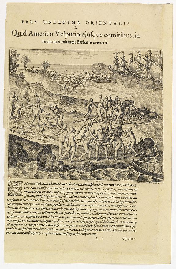 DE BRY, Th., Pars Undecima Orientalis I. Quid Americo Vesputio, ejusque comitibus, in India . . ., antique map, old maps