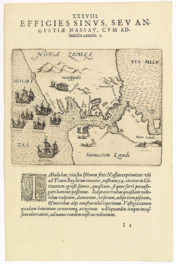 DE BRY, Th., XXXVIII. Effigies Sinus, Sev Angustiae Nassau, cum adiunctis caeteris. 3., antique map, old maps