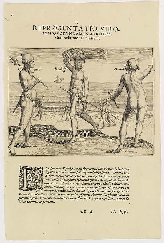 DE BRY, Th., I. Repraesentatio Virorum Quorundamin Avrifero. (Slave, Farmer, Fisherman at the Gold Coast.), antique map, old maps
