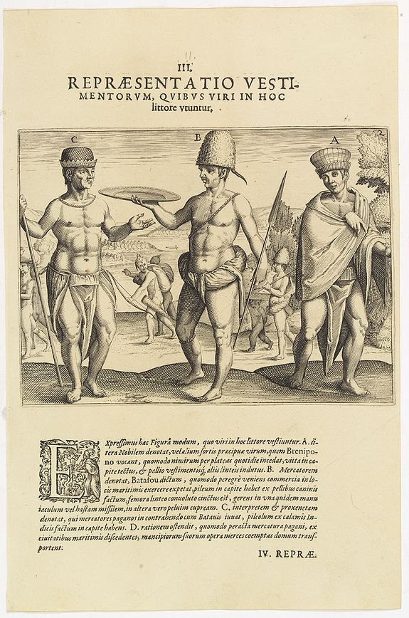 DE BRY, Th., III. Repraesentatio Vestimentorum Quibus Viri in Hoc littore Utuntur. (Male clothing styles at the Gold Coast), antique map, old maps