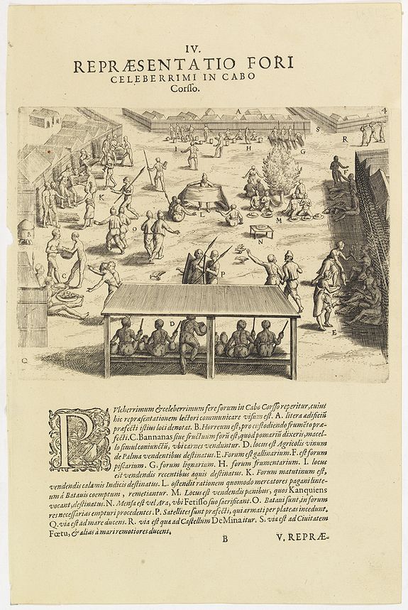 DE BRY, Th., IV. Repraesentatio Fori Celeberrimi in Cabo Corffo. (Market at Cabo Corso), antique map, old maps