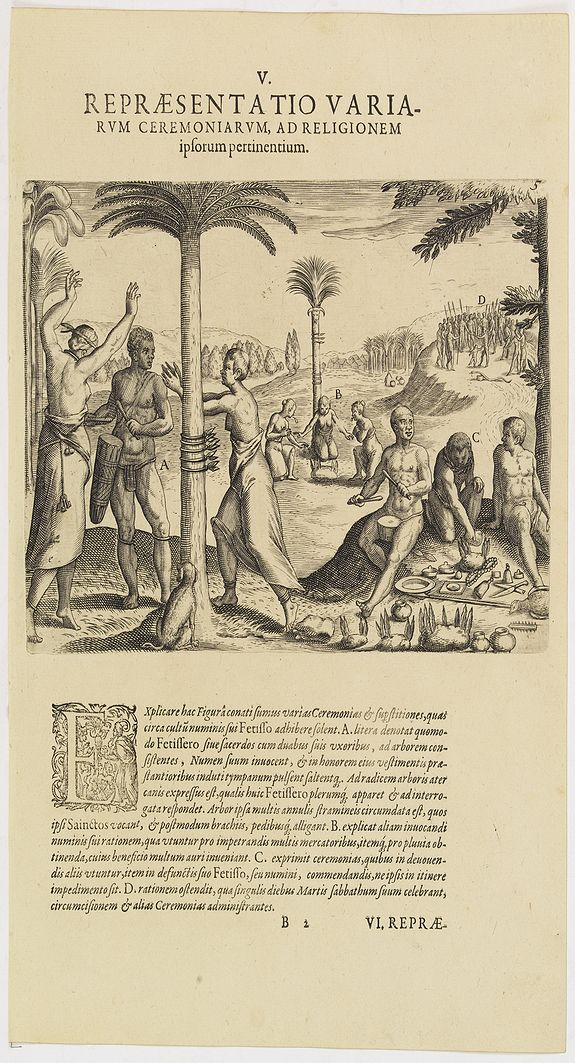 DE BRY, Th., V. Repraesentatio Variarum Ceremoniarum, ad Religionem Ipsorum Pertinentium. (Early fetish print with West African natives.), antique map, old maps