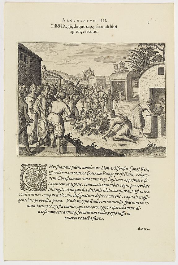 DE BRY, Th., Edicti Regii, de quo cap. 3 fecundi libri agitur, executio. (How the king of the Congo had all the devilish idols burnt ), antique map, old maps