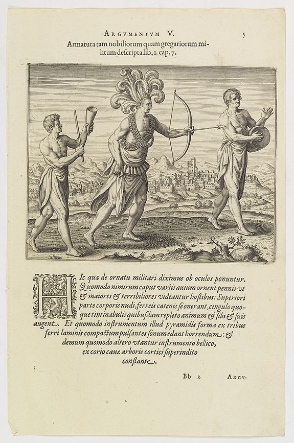 DE BRY, Th., Argumentum V. Armatura tam nobiliorum quam gregariorum militum descripta lib. 1. cap. 7. (How the Congolese dress for war and play), antique map, old maps
