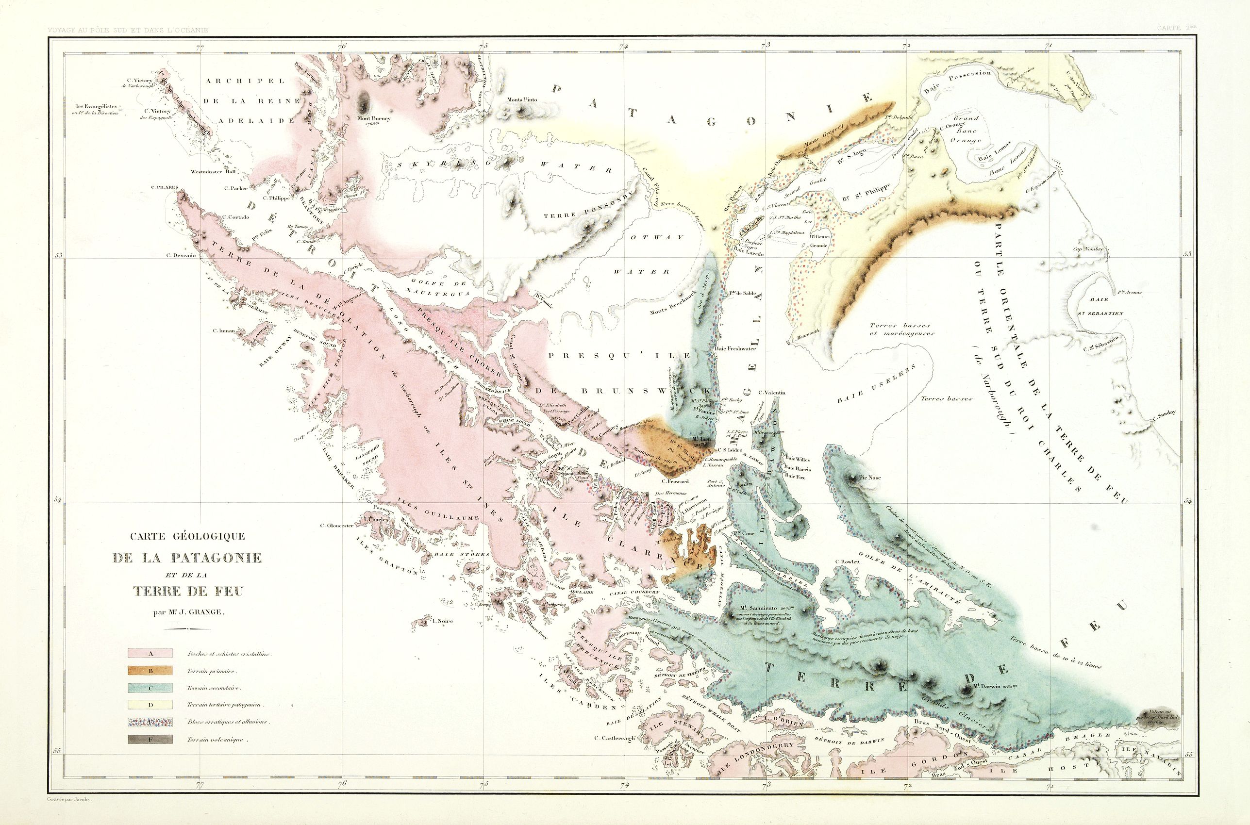 DUMONT D' URVILLE, J., Carte géologique de la Patagonie et de la Terre de Feu., antique map, old maps