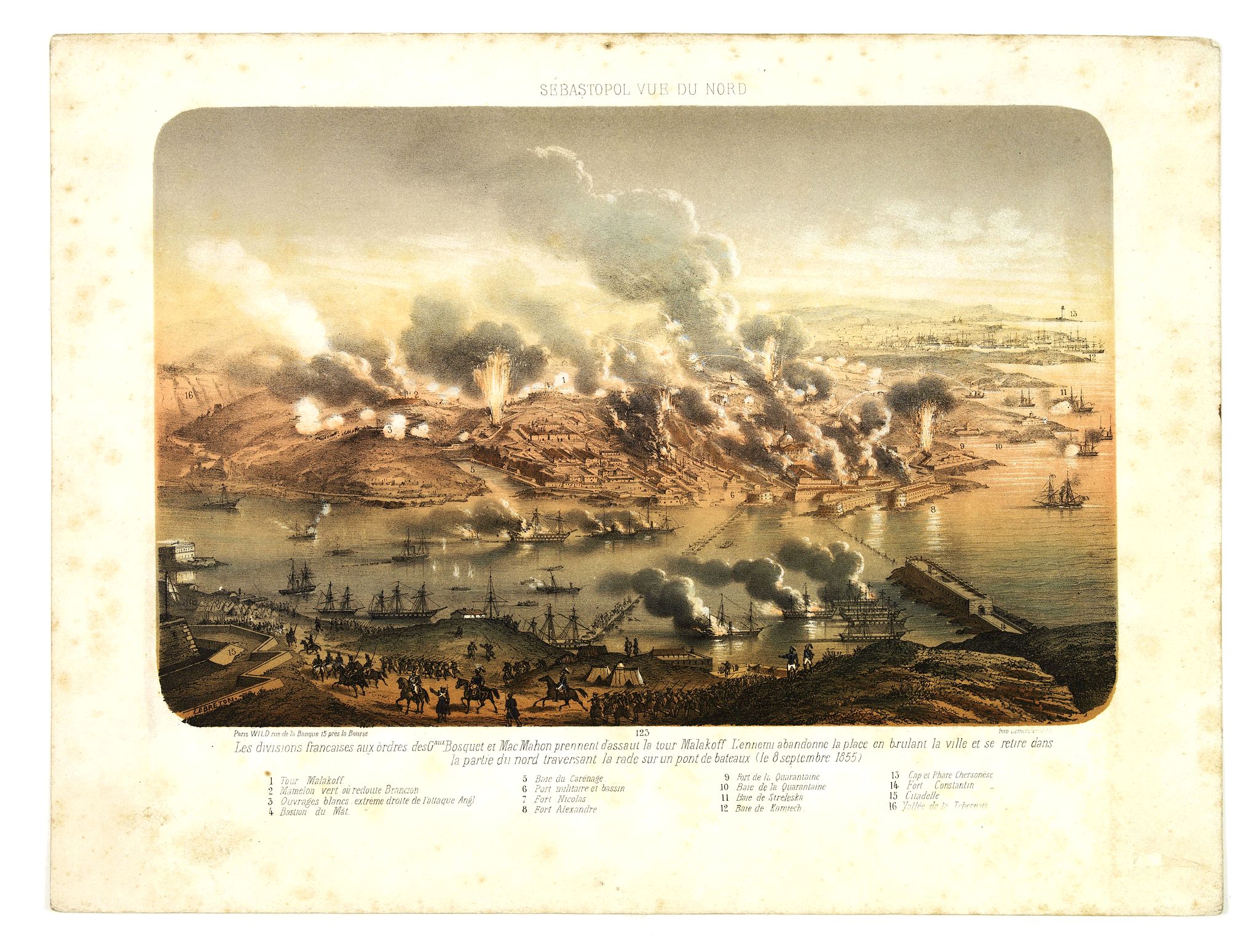 LEBRETON, Sébastopol vue du Nord. - Les divisions françaises aux ordres des généraux Bosquet et Mac Mahon prennent d'assaut la tour Malakoff. . , (le 8 septembre 1855). Crimée (Ukraine), antique map, old maps