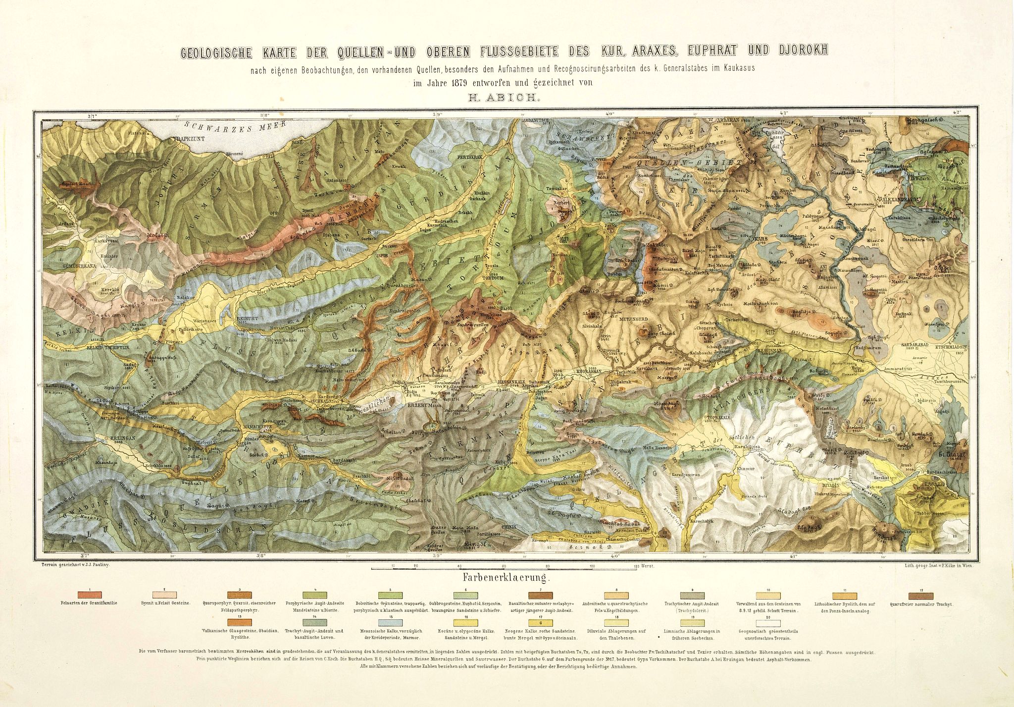 ABICH, H., Geologische Karte der Quellen-und Oberen Flussgebiete des Kur, Araxes, Euphrat und Djorokh. . ., antique map, old maps
