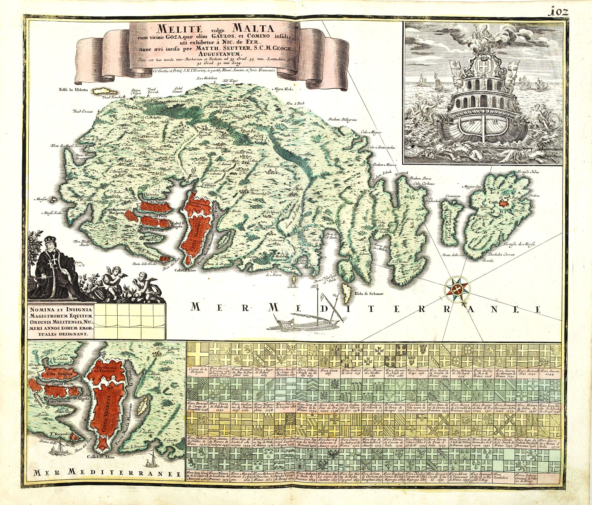 SEUTTER,M., Melite vulgo Malta cum vicinis Goza.., antique map, old maps