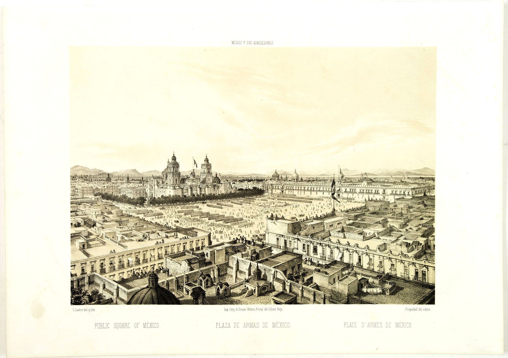 DECAEN, J. A. / CASTRO, C., Public square of Mexico. - Plaza de armas de México., antique map, old maps