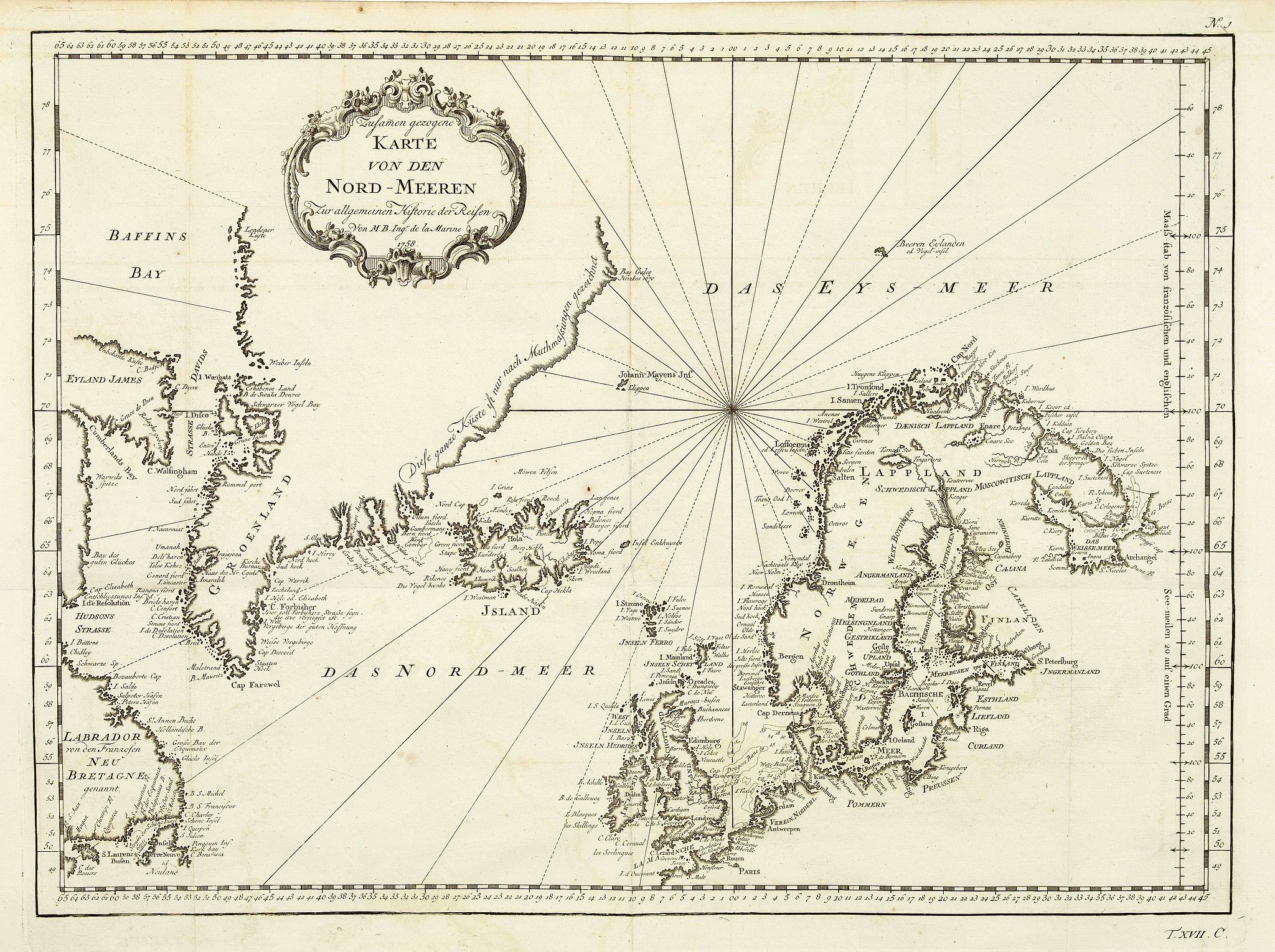 BELLIN, J.N. / ARKSTEE / MERKUS, Karte von den Nord-Meeren zur allgemeinen Historie der Reisen…, antique map, old maps