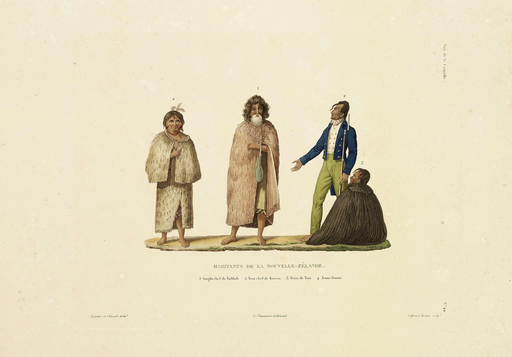 DUPERREY, L.I., Habitants de la Nouvelle-Zélande. 1 Songhi chef de Kidiki 2. Touï chef de Kawera 3. Frère de Touï 4. Jeune femme., antique map, old maps