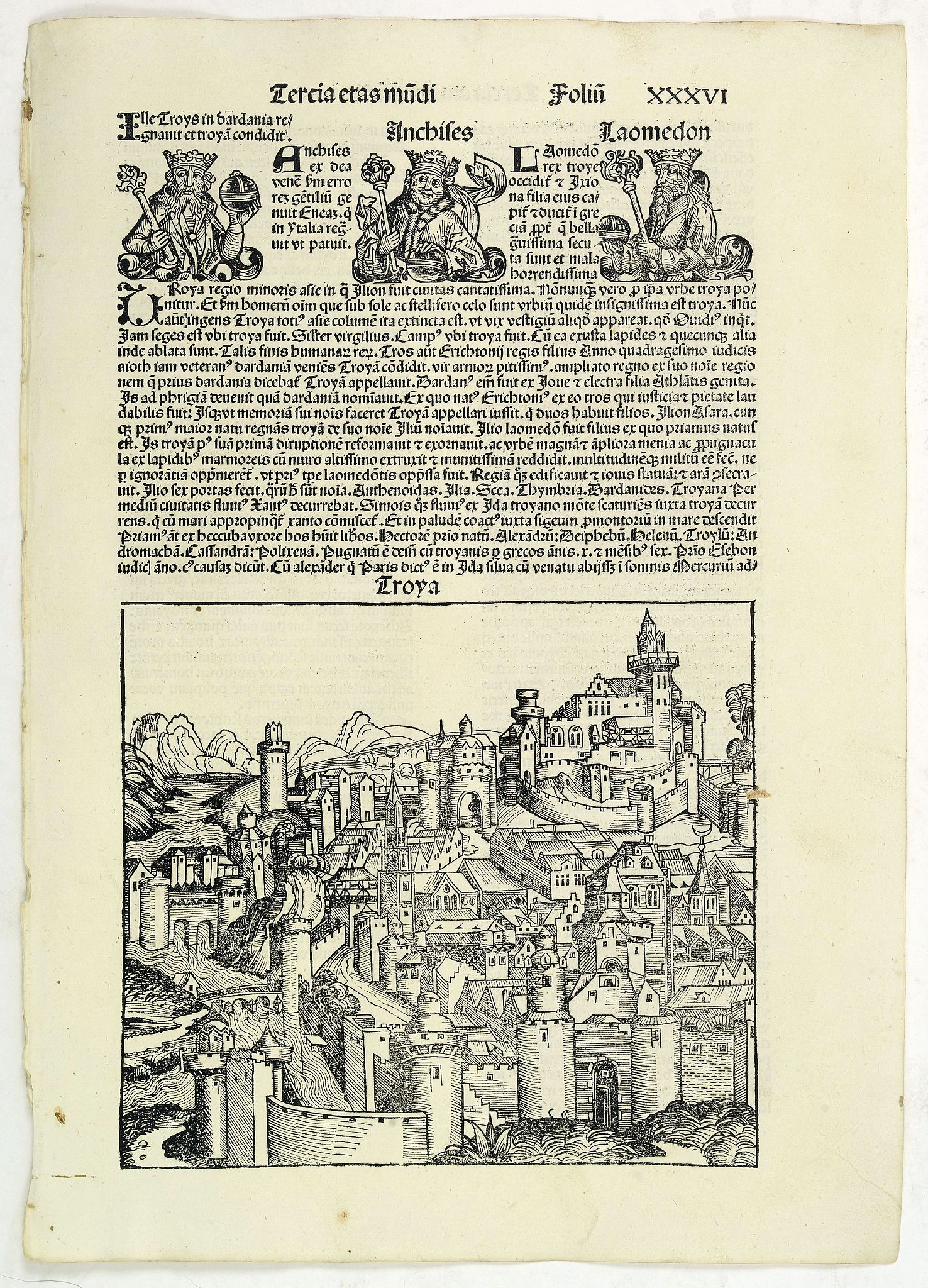 SCHEDEL, H., Tercia Etas Mundi. Folium.XXXVI (Troy), antique map, old maps