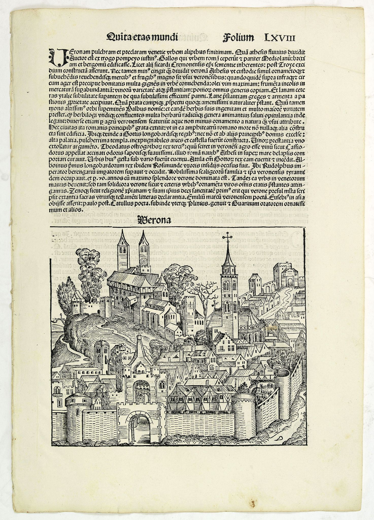 SCHEDEL, H., Quita Etas Mundi. Folium.LXVIII (Verona), antique map, old maps
