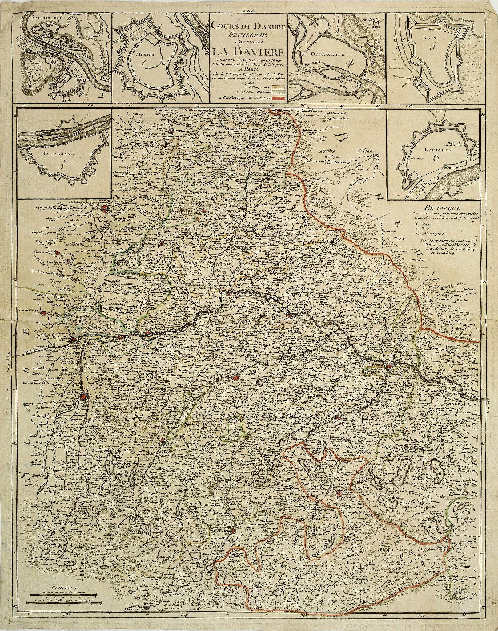 LE ROUGE,, Cours du Danube feuille II contenant la Bavière suivant les cartes faites sur les lieux Par Homann et Seuter. . ., antique map, old maps