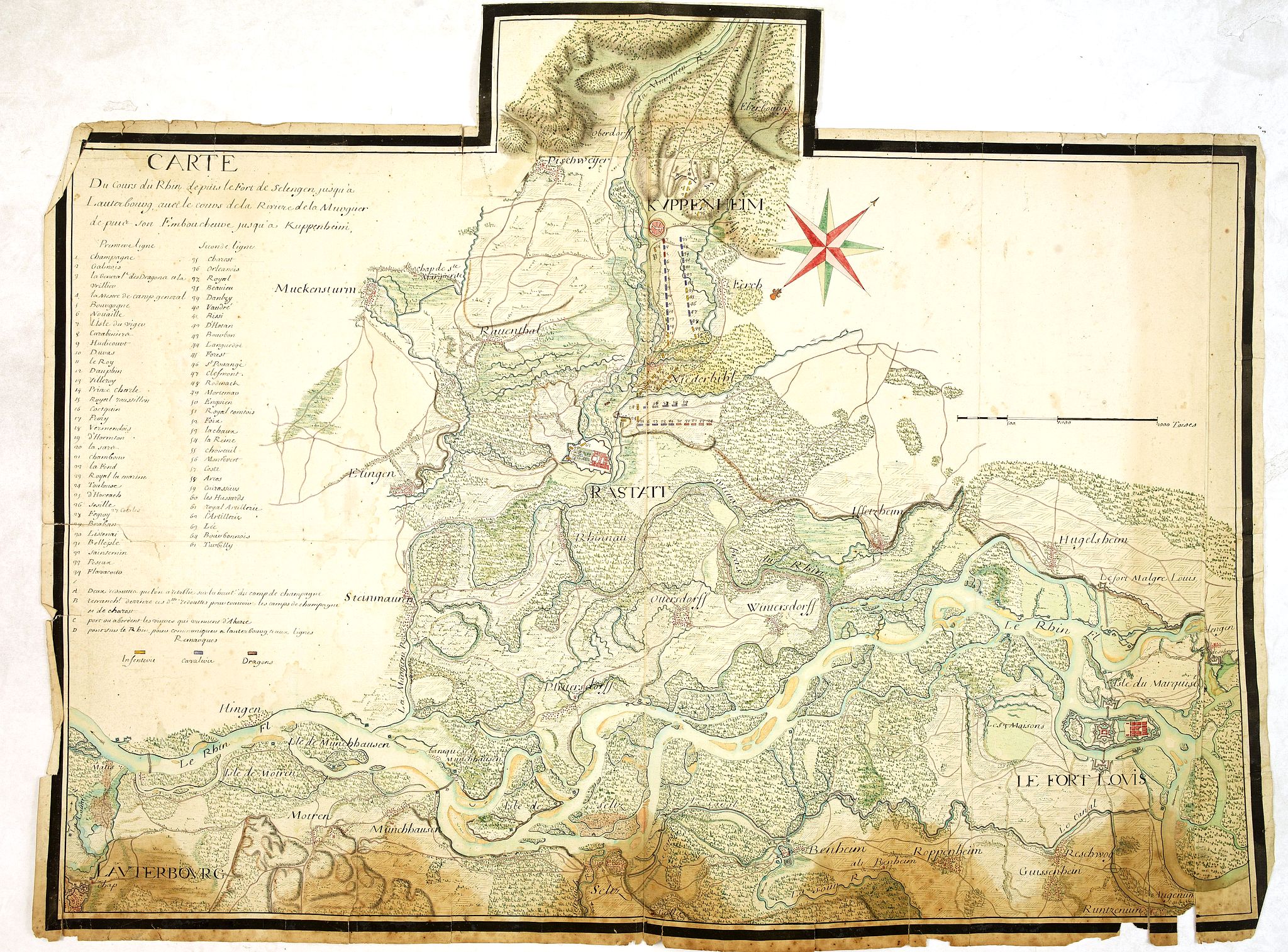 ANONYMOUS, Carte du cours du Rhin dpuis le fort de Schengen jusqu'à Lauterbourg. . ., antique map, old maps