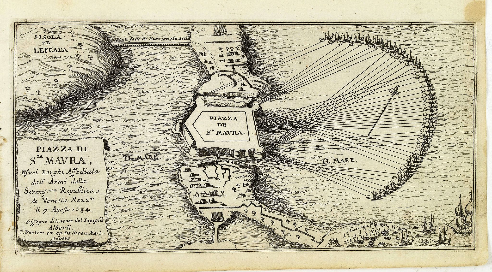 PEETERS, J. / BOUTTATS, G., Piazza di Sta Maura esvoi Borghi Affediata dall Armi della. . ., antique map, old maps