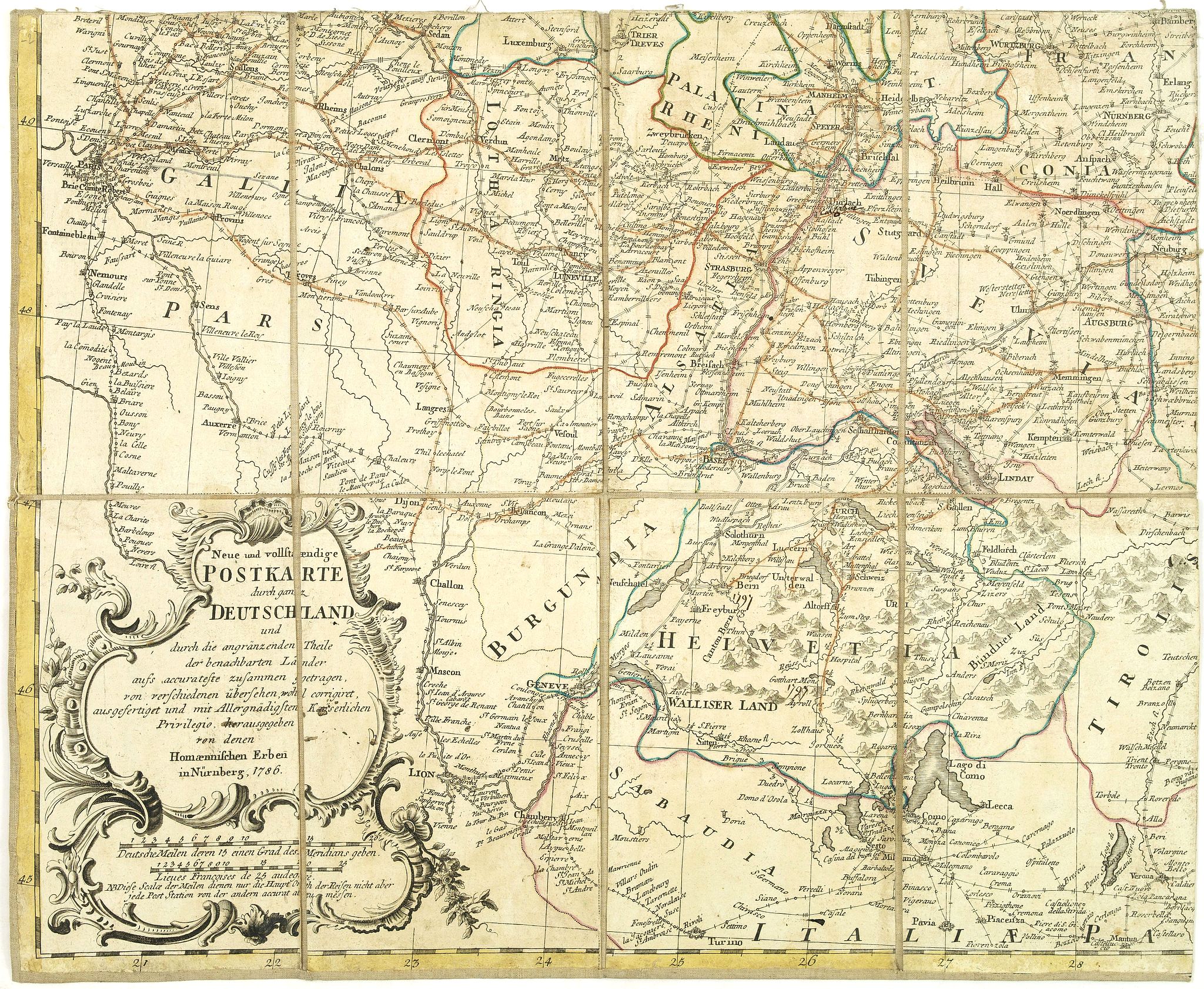 HOMANN HEIRS., Neue und vollstaendige Postkarte durch ganz Deutschland. . . Carte des postes d'Allemagne partie du sud ouest. . ., antique map, old maps
