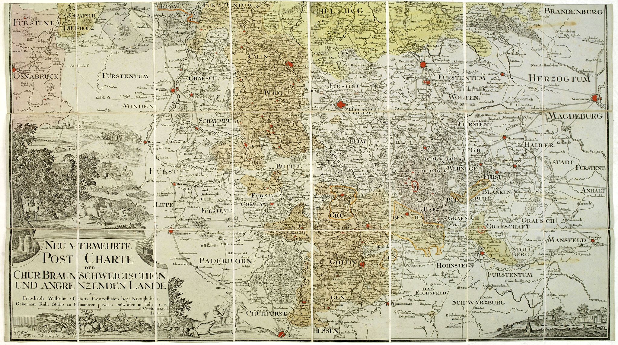 OHSEN, F-W., Neu vermehrte post charte der chur Braunschweigischen und angrenzenden lande. . . Von Friedrich Wilhelm Ohsen, … privatim entworfen im Jahre 1774, verbessert 1805., antique map, old maps