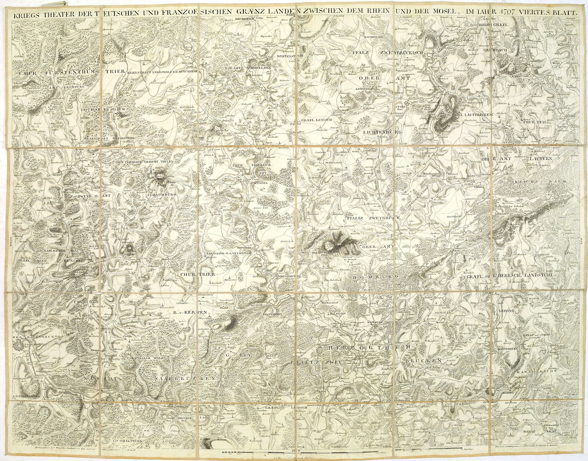 DEWARAT, O., Kriegs Theater der teutschen und franzoesischen Graenzlanden swischen dem Rhein und der Mosel, im Jahr 1797 : viertes Blatt., antique map, old maps