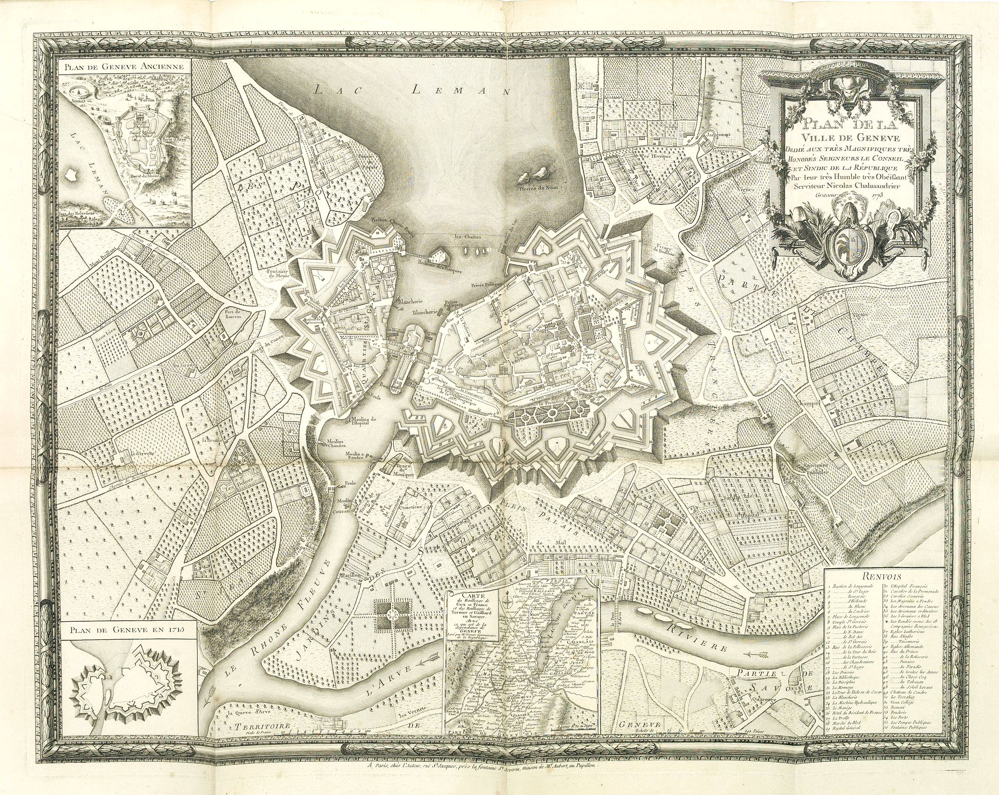 CHALMANDRIER, N., Plan de la ville de Geneve dedié aux très magnifiques très honorès seigneurs. . ., antique map, old maps