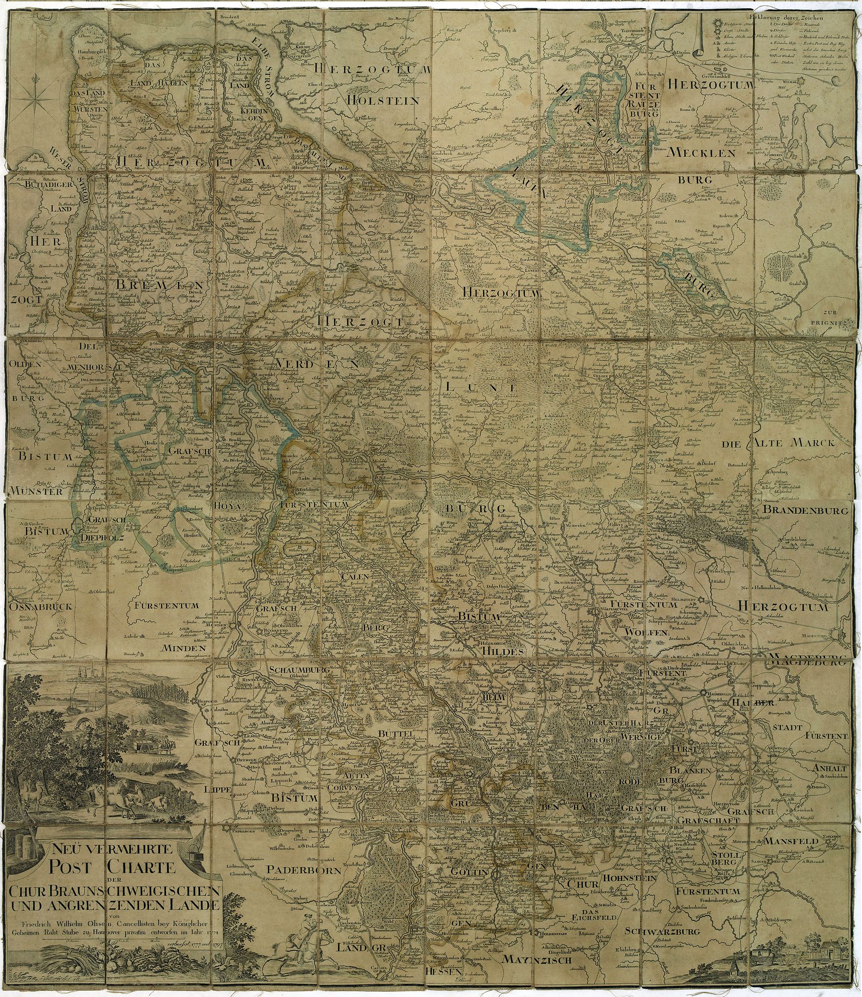 OHSEN, F-W., Neu vermehrte post charte der chur Braunschweigischen und angrenzenden lande. . . Von Friedrich Wilhelm Ohsen, … privatim entworfen im Jahre 1774, verbessert 1777 und 1797., antique map, old maps