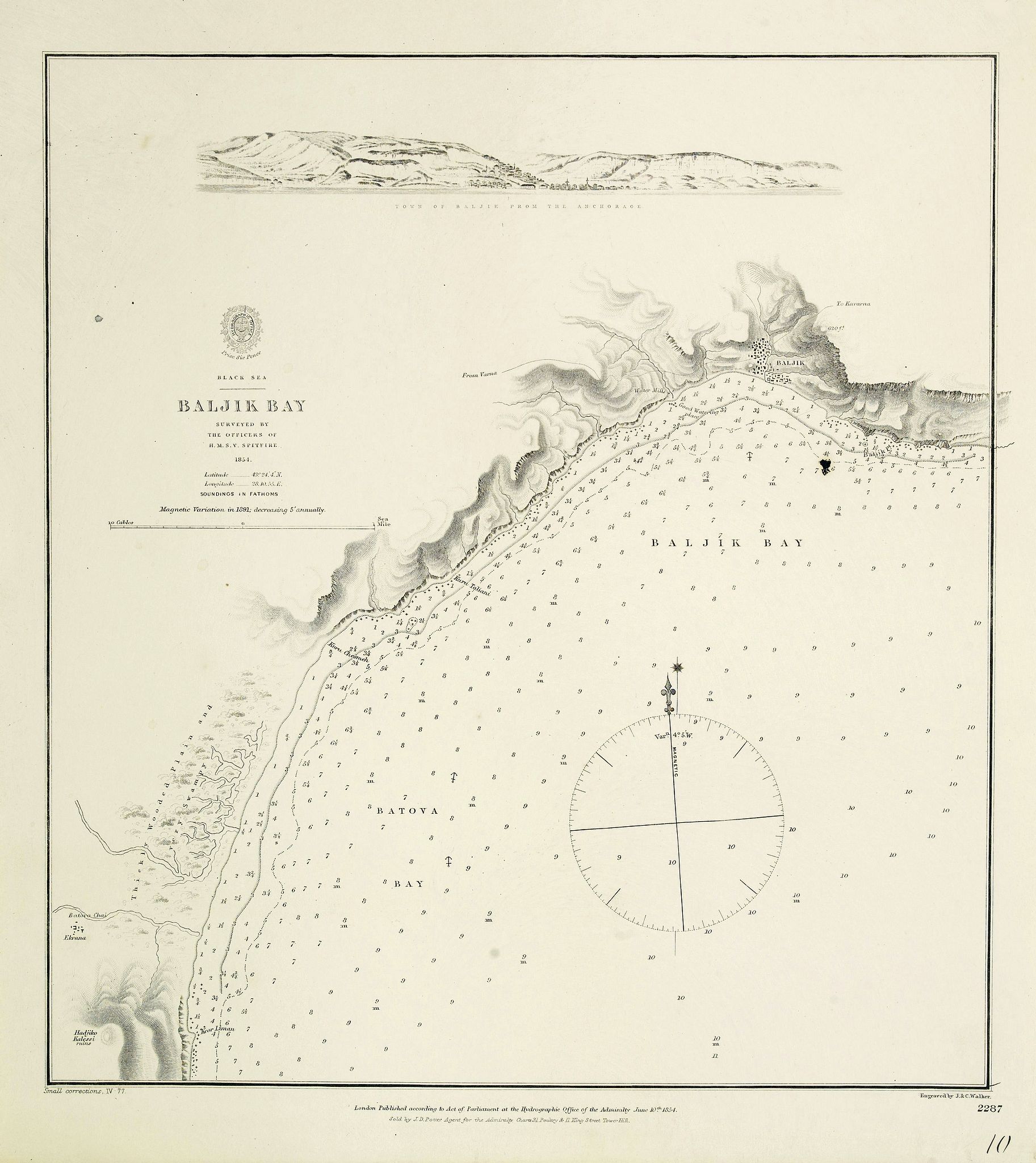 HYDROGRAPHIC OFFICE, Black Sea - Baljik Bay surveyed by the officers of H.S.M.V. Spitfire 1854, antique map, old maps