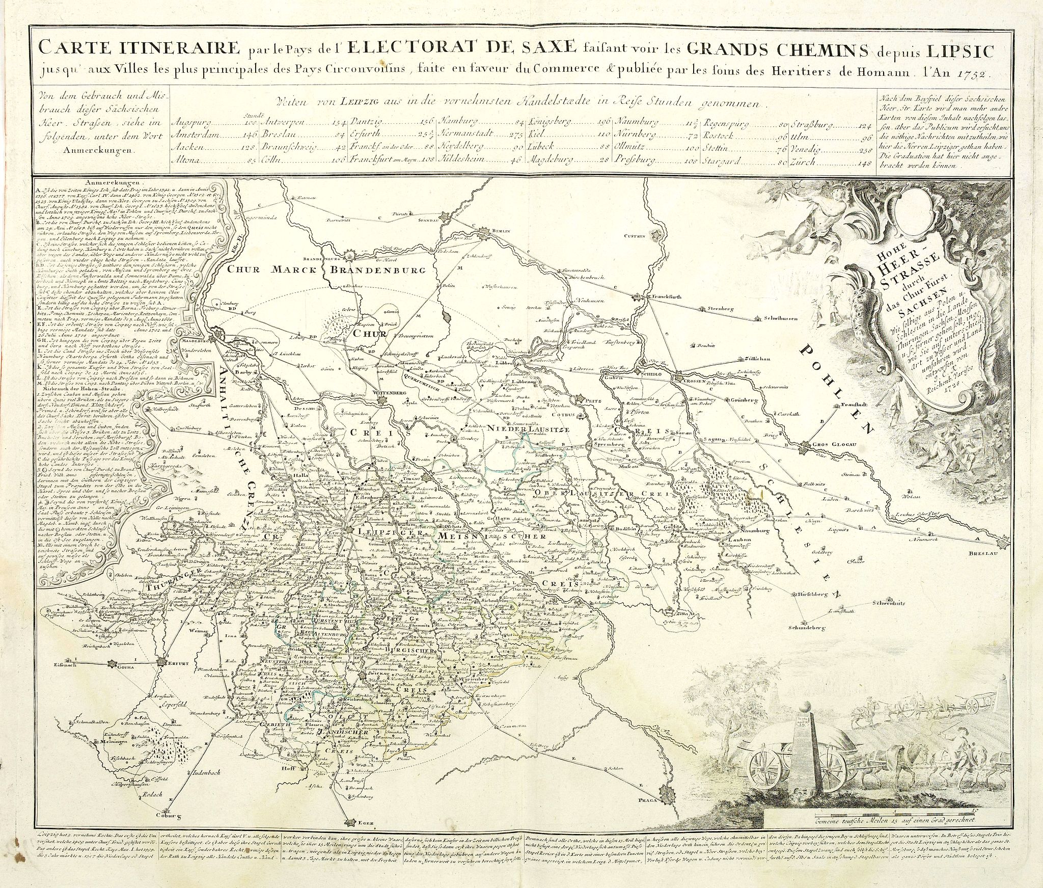 HOMANN HEIRS., Carte Itineraire par le Pays de l'Electorat de Saxe faisant voir les Grands Chemins depuis Lipsic jusqu' aux Villes les plus principales des Pays Circonvoisins. . ., antique map, old maps
