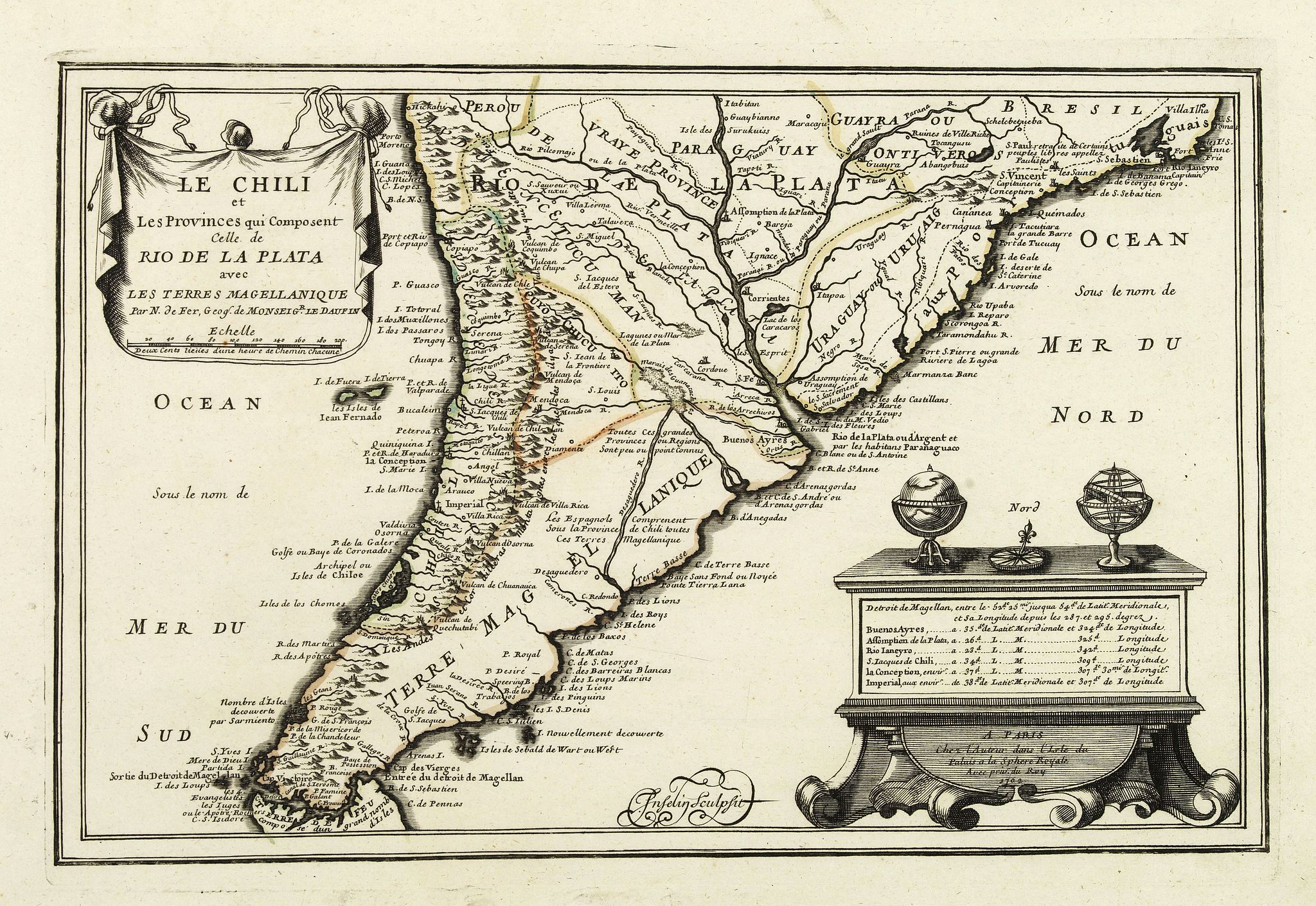 DE FER, N., Le Chili et Les Provinces qui Composent Celle de Rio De La Plata avec Les Terres Magellanique. . ., antique map, old maps