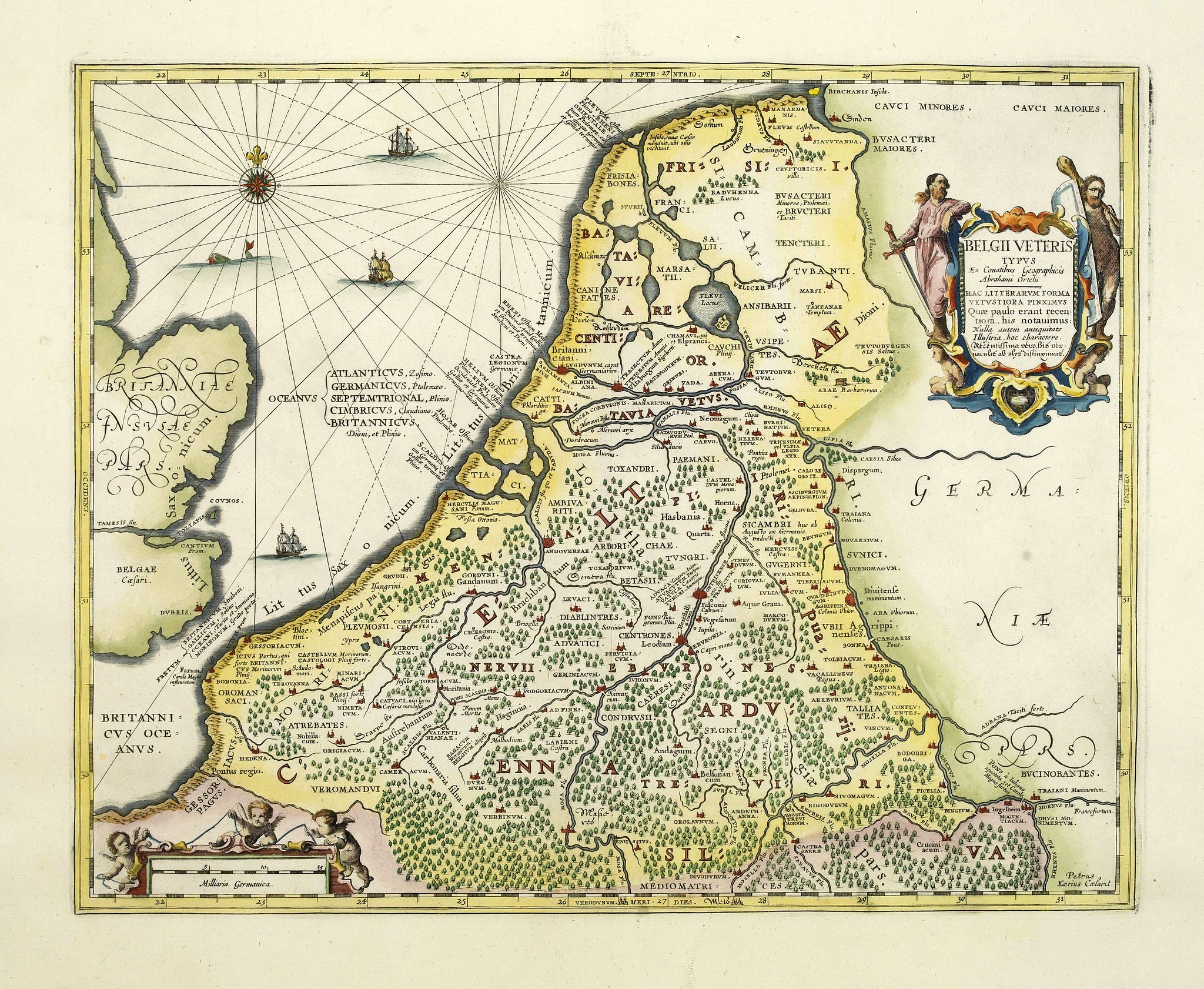JANSSONIUS, J., Belgii Veteris Typus ex Conatibus Geographicis Abrahami Ortelii. . . Petrus Kaerius Caelavit., antique map, old maps