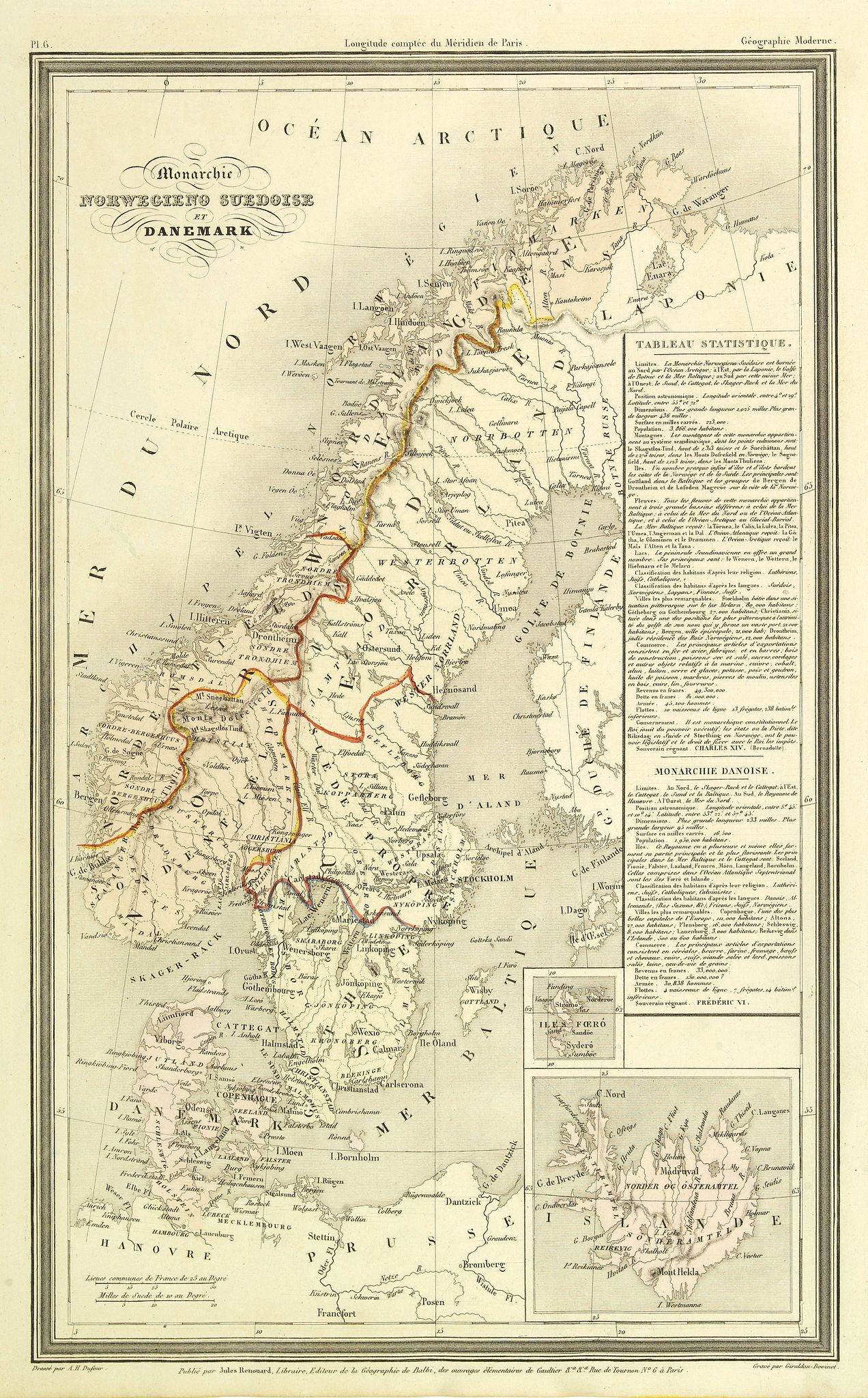 DUFOUR, A.H., Monarchie Norvegieno Suedoise et Danemark., antique map, old maps