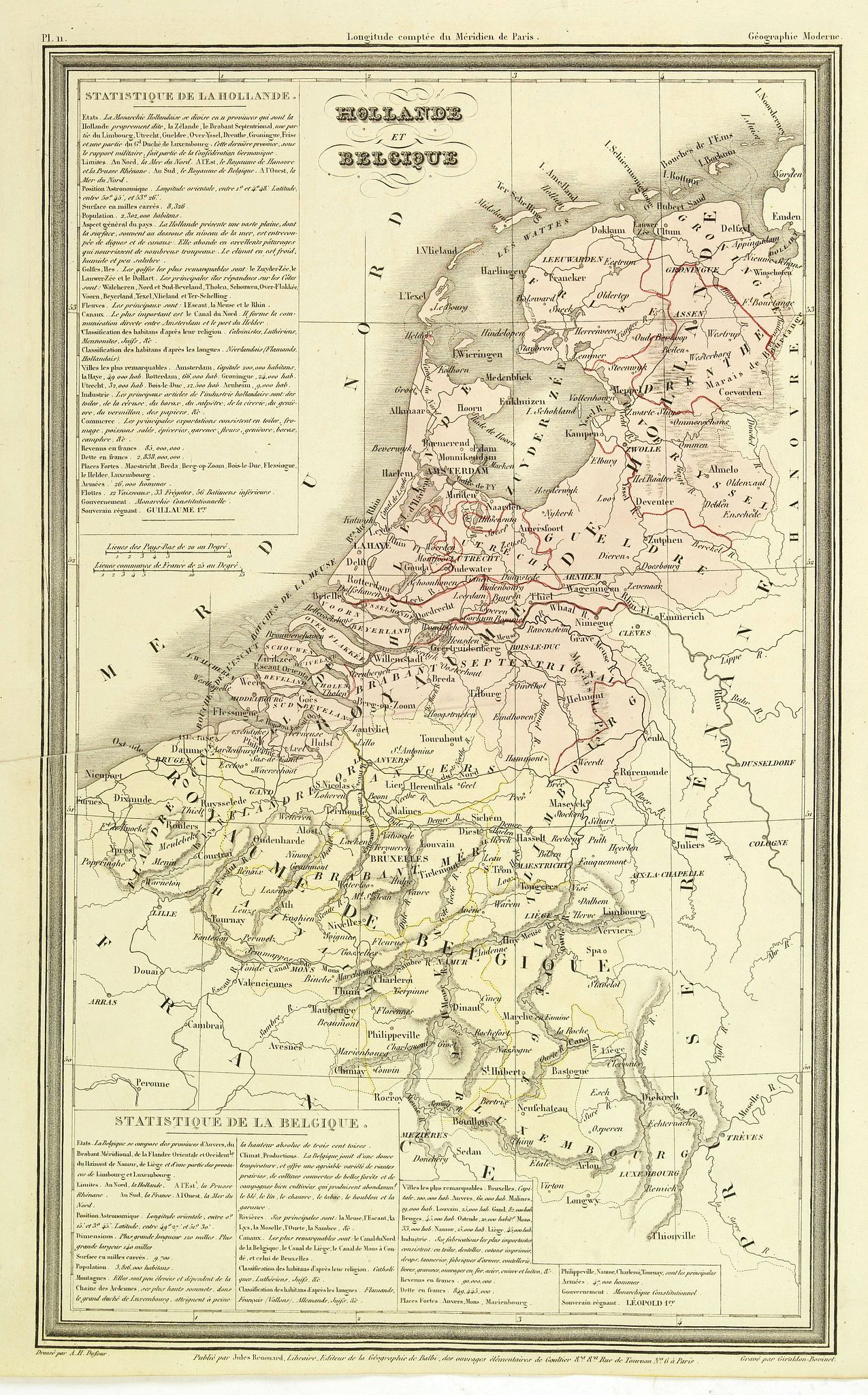 DUFOUR, A.H., Hollande et Belgique., antique map, old maps