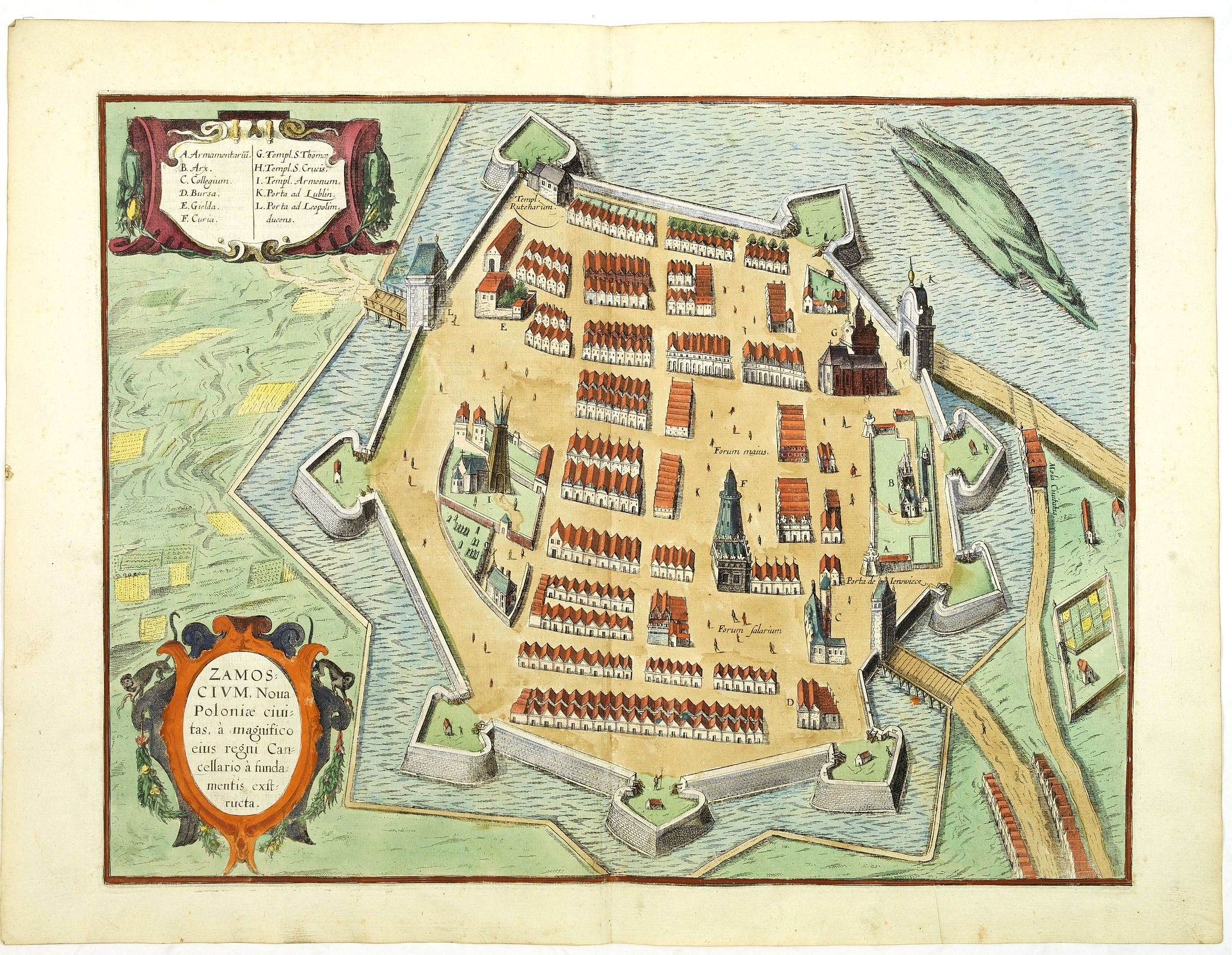 BRAUN,G. / HOGENBERG, F., Zamoscium. Nova Poloniae civitas, à magnifico eius regni Cancellaro à fundamentis exstructa., antique map, old maps