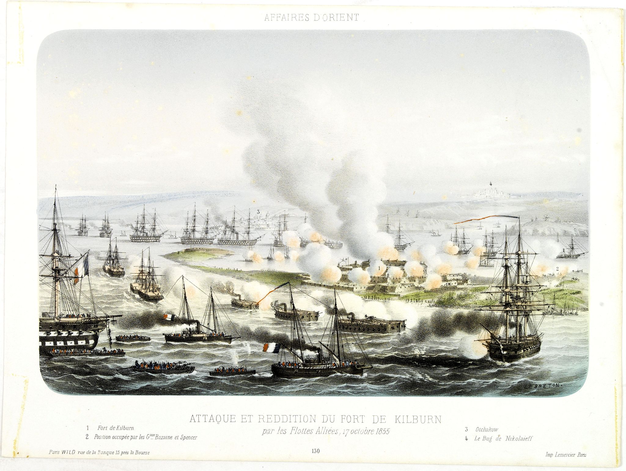 LEBRETON, L., AFFAIRES D'ORIENT Attaque et reddition du fort de Kilburn par les flottes alliées, 17 octobre 1855., antique map, old maps