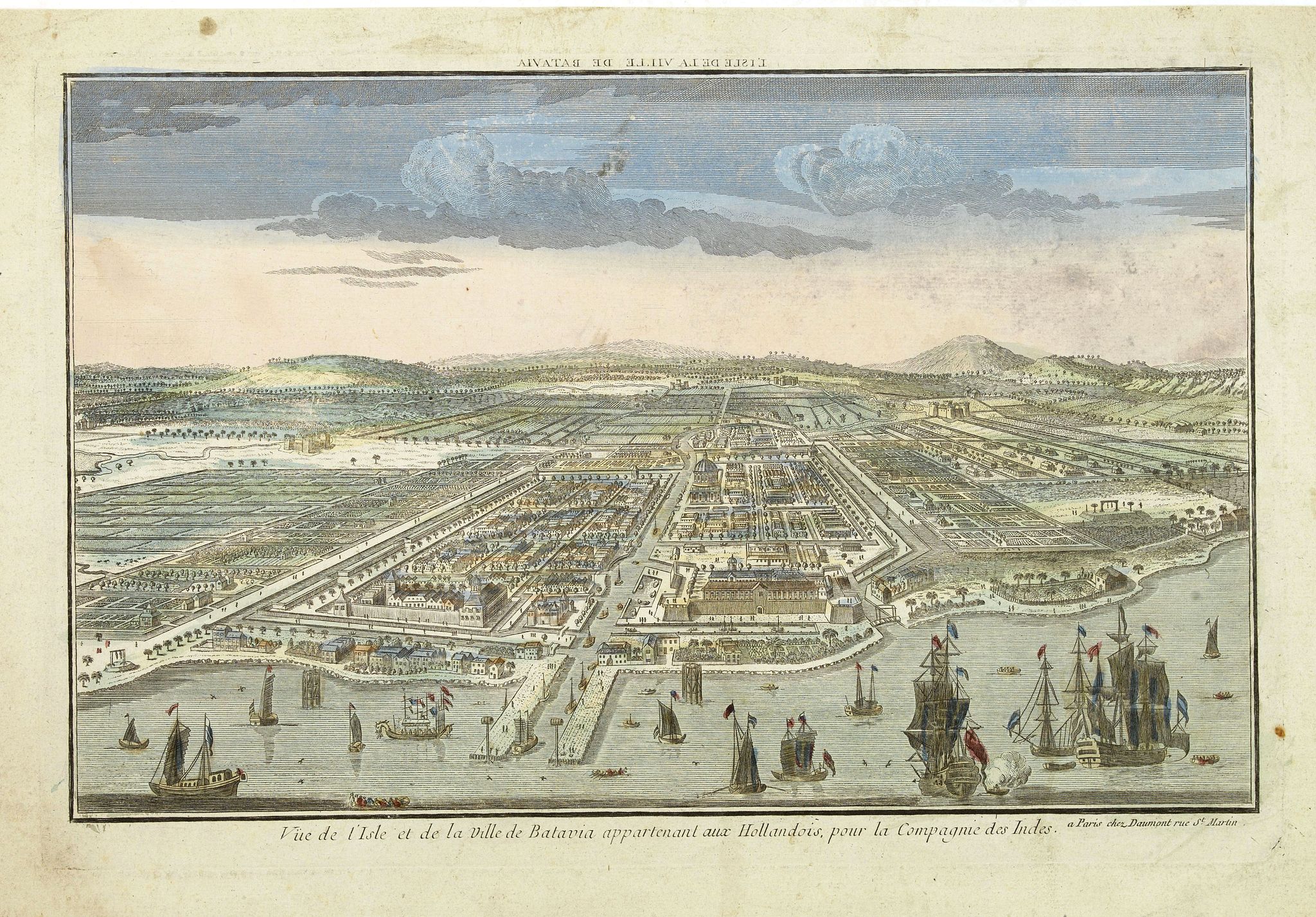 DAUMONT, Vue de l\'Isle et de la ville Batavia appartenant aux Hollandois. . ., antique map, old maps